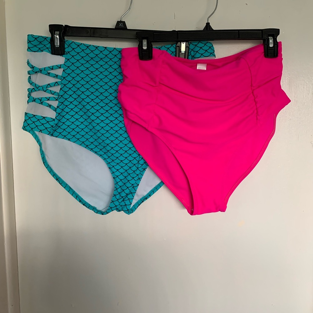 NWOT Pink and Teal High-Waisted Bikini Bottoms